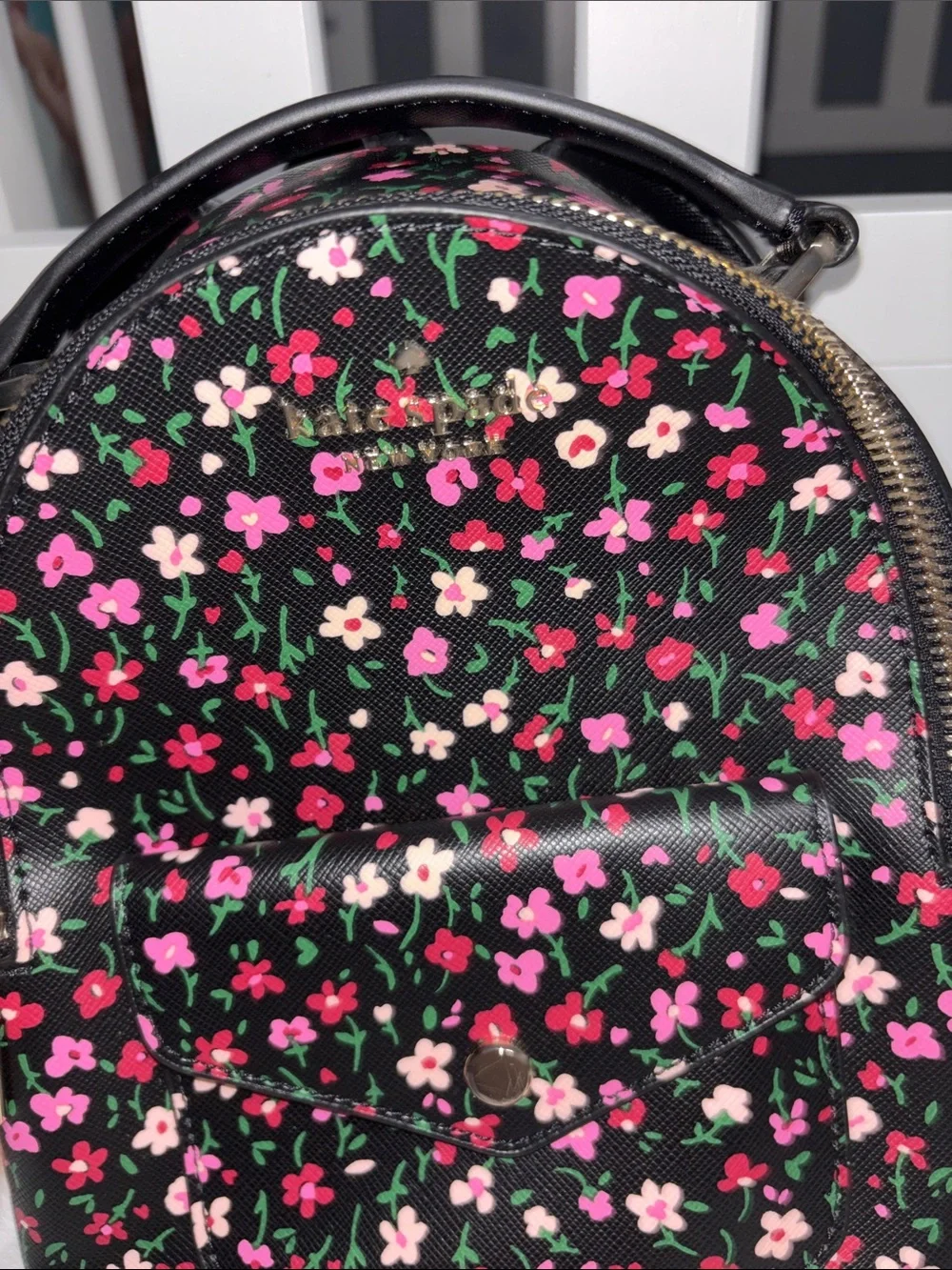 kate spade Black Floral Mini Backpack with Pink and White Blossoms